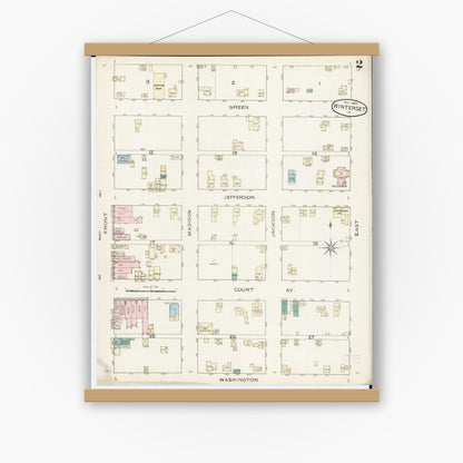 Old map wall art mockup — magnetic wood frame on white wall — Sanborn Fire Insurance Map from Winterset, Madison County, Iowa (1886), Sheet #0002