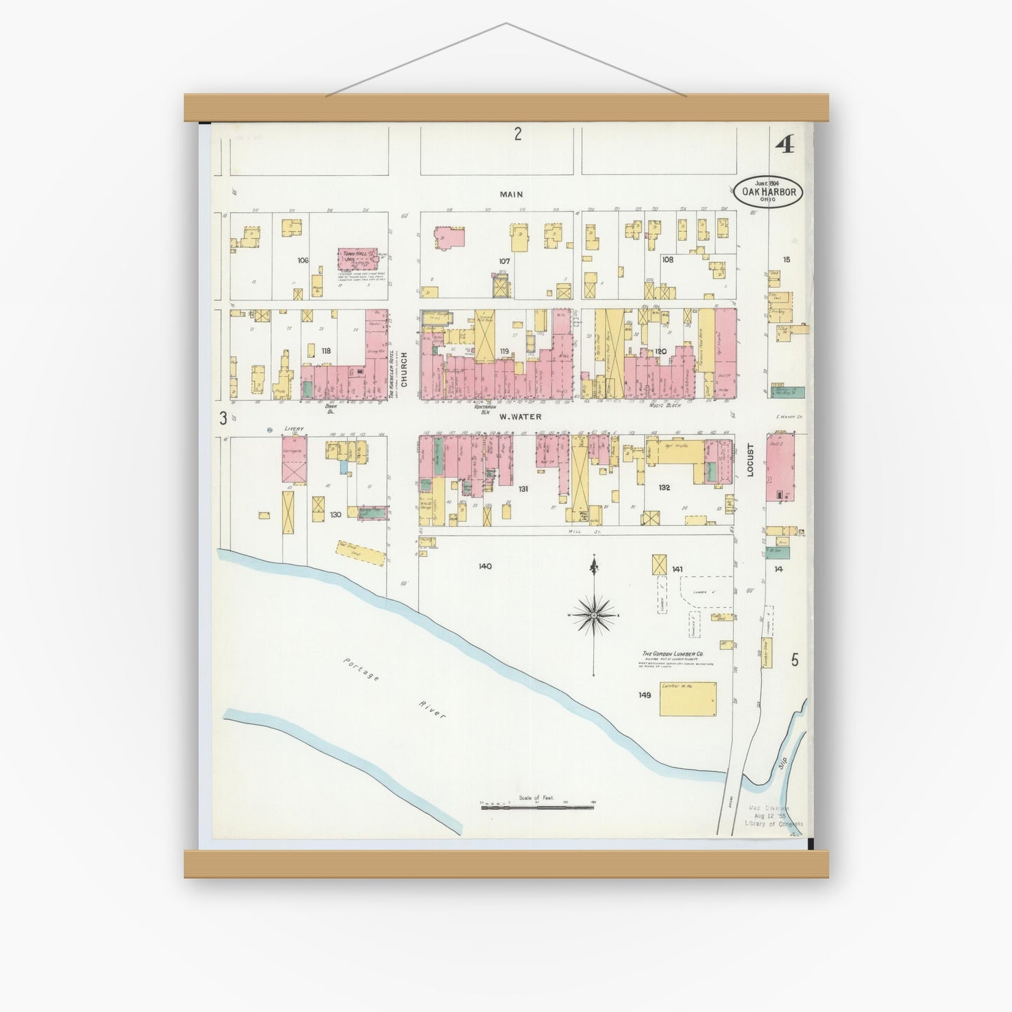 Old map wall art mockup — magnetic wood frame on white wall — Sanborn Fire Insurance Map from Oak Harbor, Ottawa County, Ohio (1904), Sheet #0004