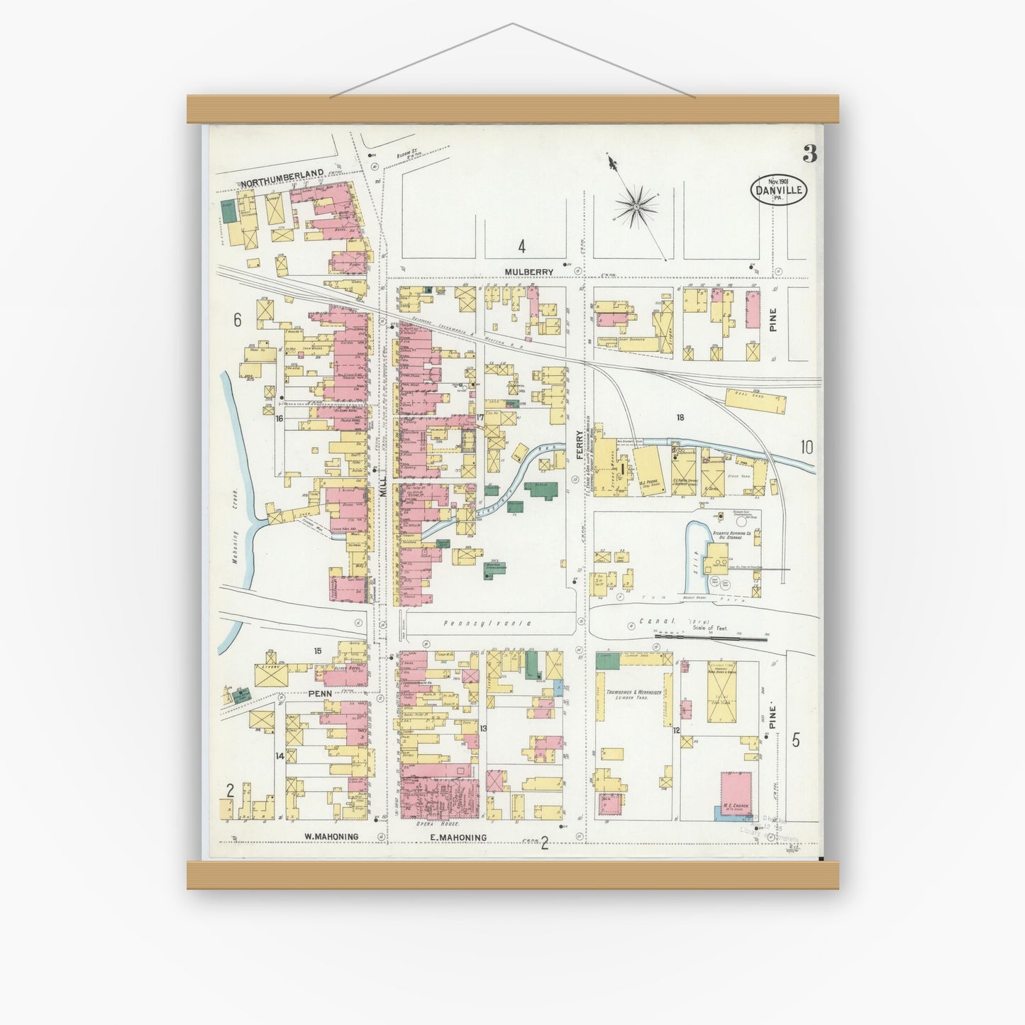 Old map wall art mockup — magnetic wood frame on white wall — Sanborn Fire Insurance Map from Danville, Montour County, Pennsylvania (1901), Sheet #0003