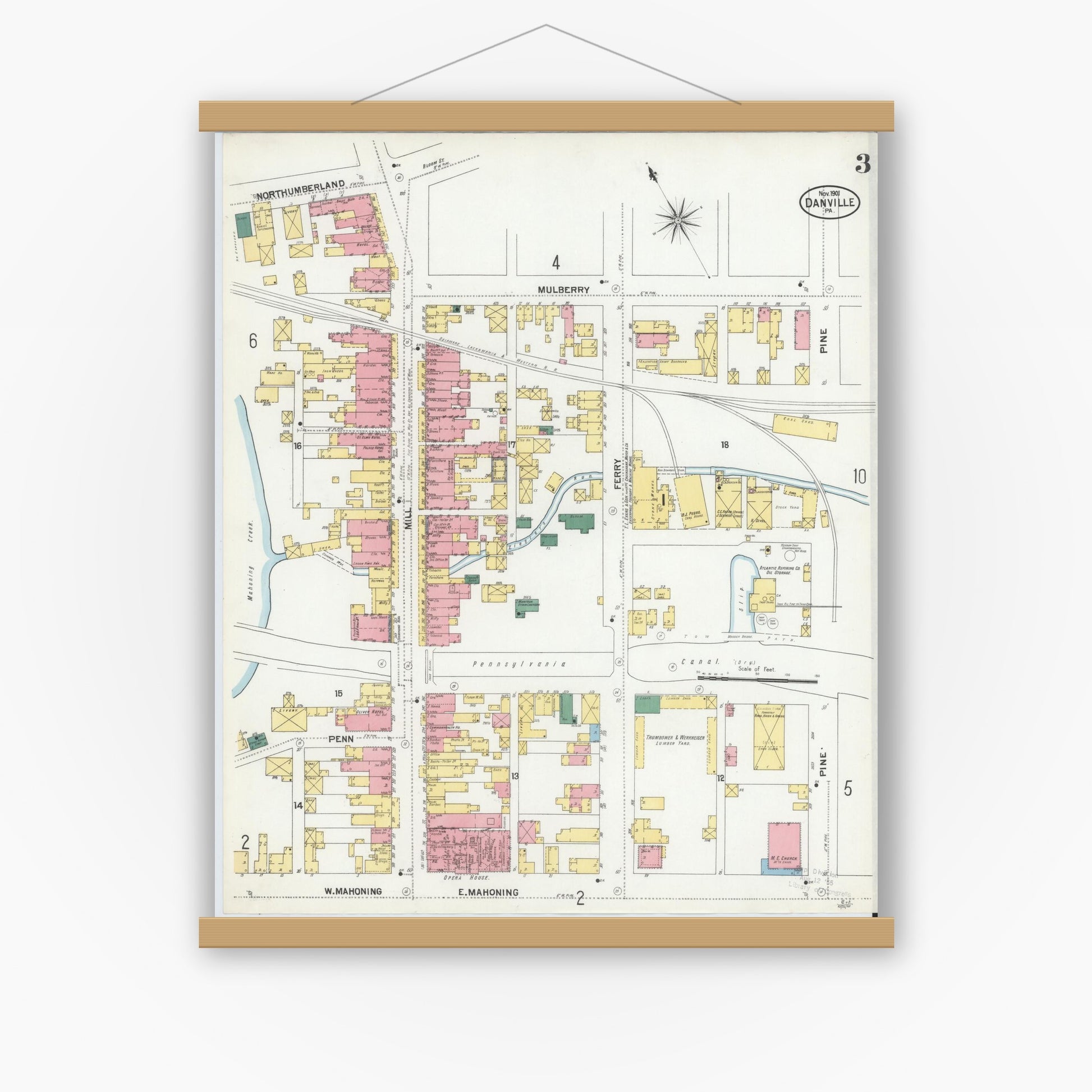 Old map wall art mockup — magnetic wood frame on white wall — Sanborn Fire Insurance Map from Danville, Montour County, Pennsylvania (1901), Sheet #0003