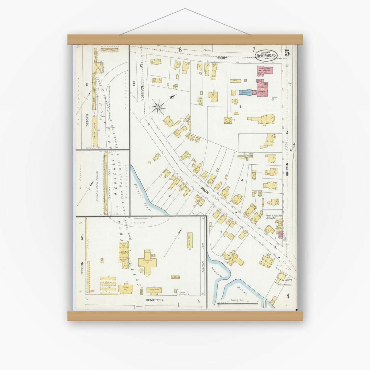 Old map wall art mockup — magnetic wood frame on white wall — Sanborn Fire Insurance Map from Riverhead, Suffolk County, New York (1902), Sheet #0005