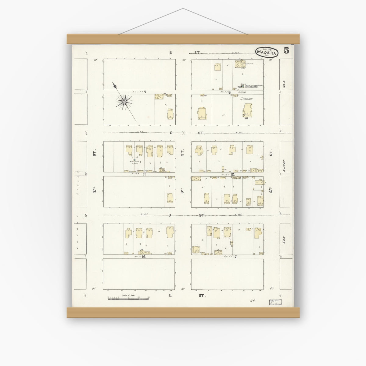 Old map wall art mockup — magnetic wood frame on white wall — Sanborn Fire Insurance Map from Madera, Madera County, California (1891), Sheet #0005