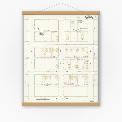 Old map wall art mockup — magnetic wood frame on white wall — Sanborn Fire Insurance Map from Madera, Madera County, California (1891), Sheet #0005