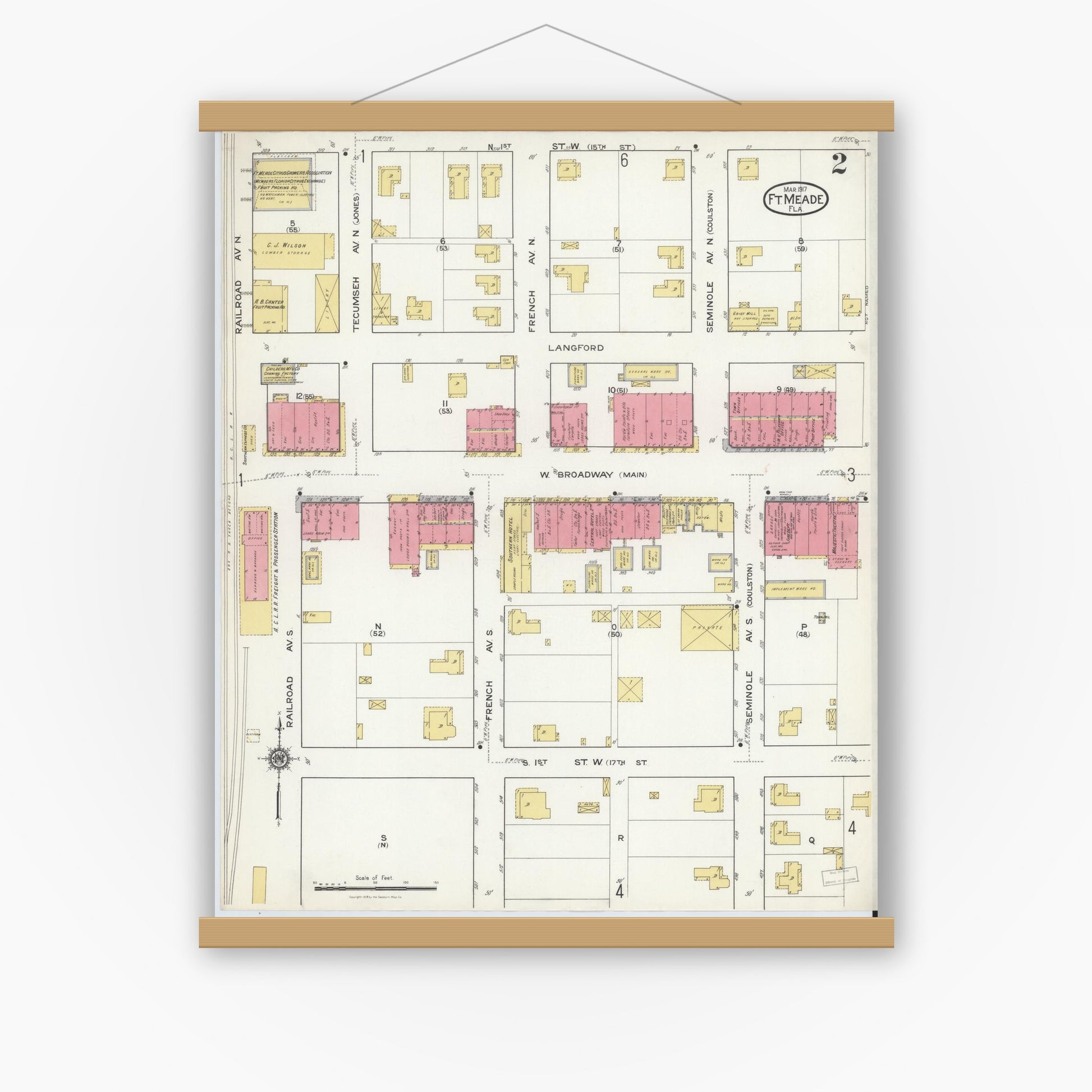 Old map wall art mockup — magnetic wood frame on white wall — Sanborn Fire Insurance Map from Fort Meade, Polk County, Florida (1917), Sheet #0002