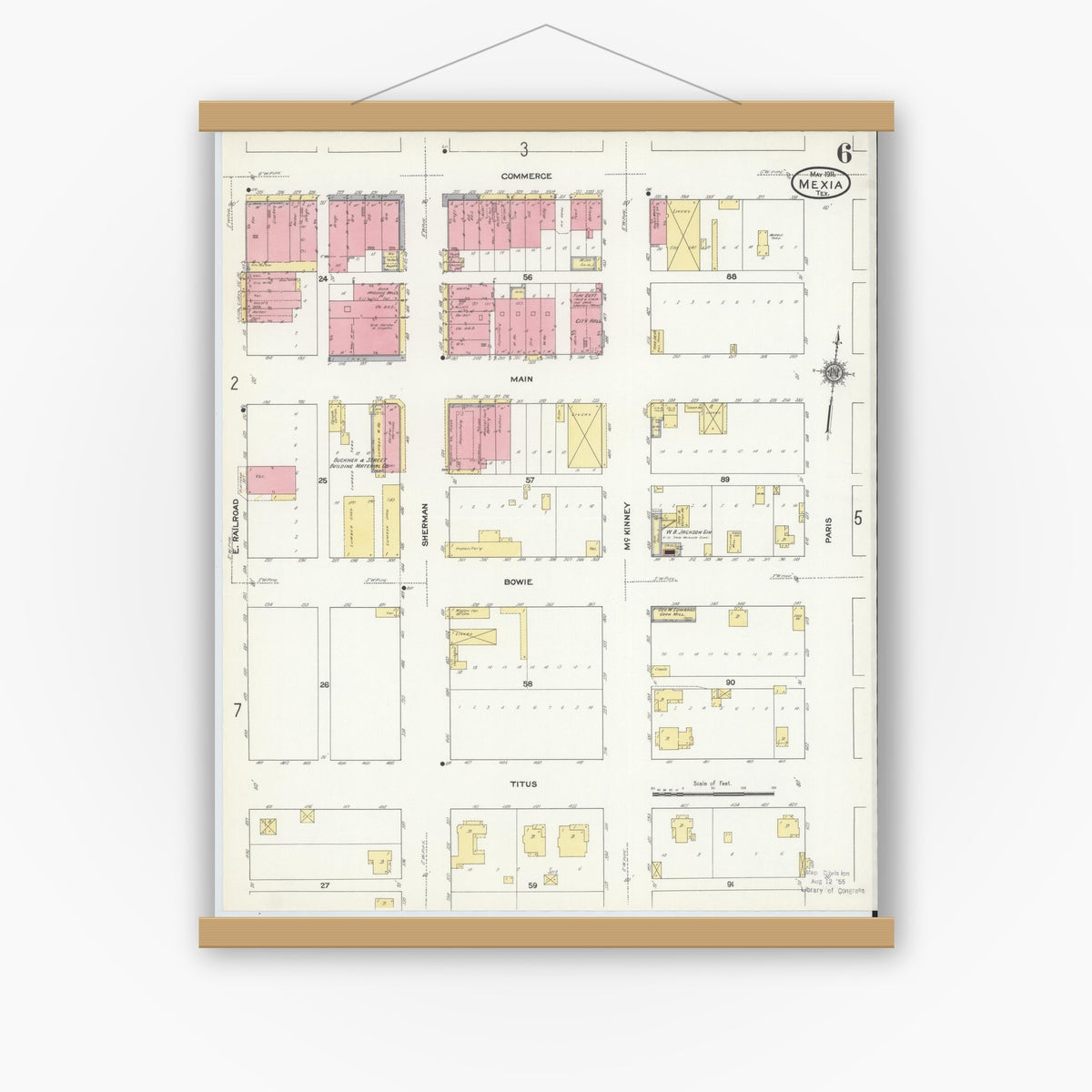 Old map wall art mockup — magnetic wood frame on white wall — Sanborn Fire Insurance Map from Mexia, Limestone County, Texas (1911), Sheet #0006