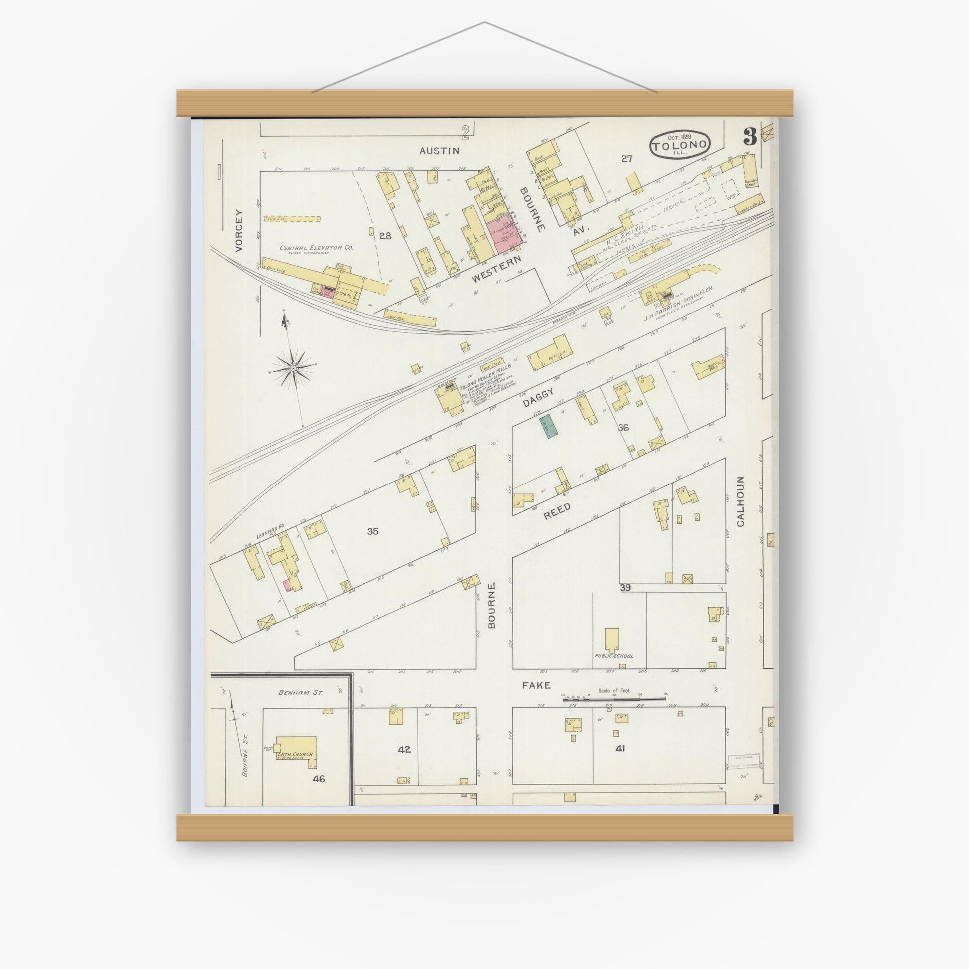 Old map wall art mockup — magnetic wood frame on white wall — Sanborn Fire Insurance Map from Tolono, Champaign County, Illinois (1893), Sheet #0003
