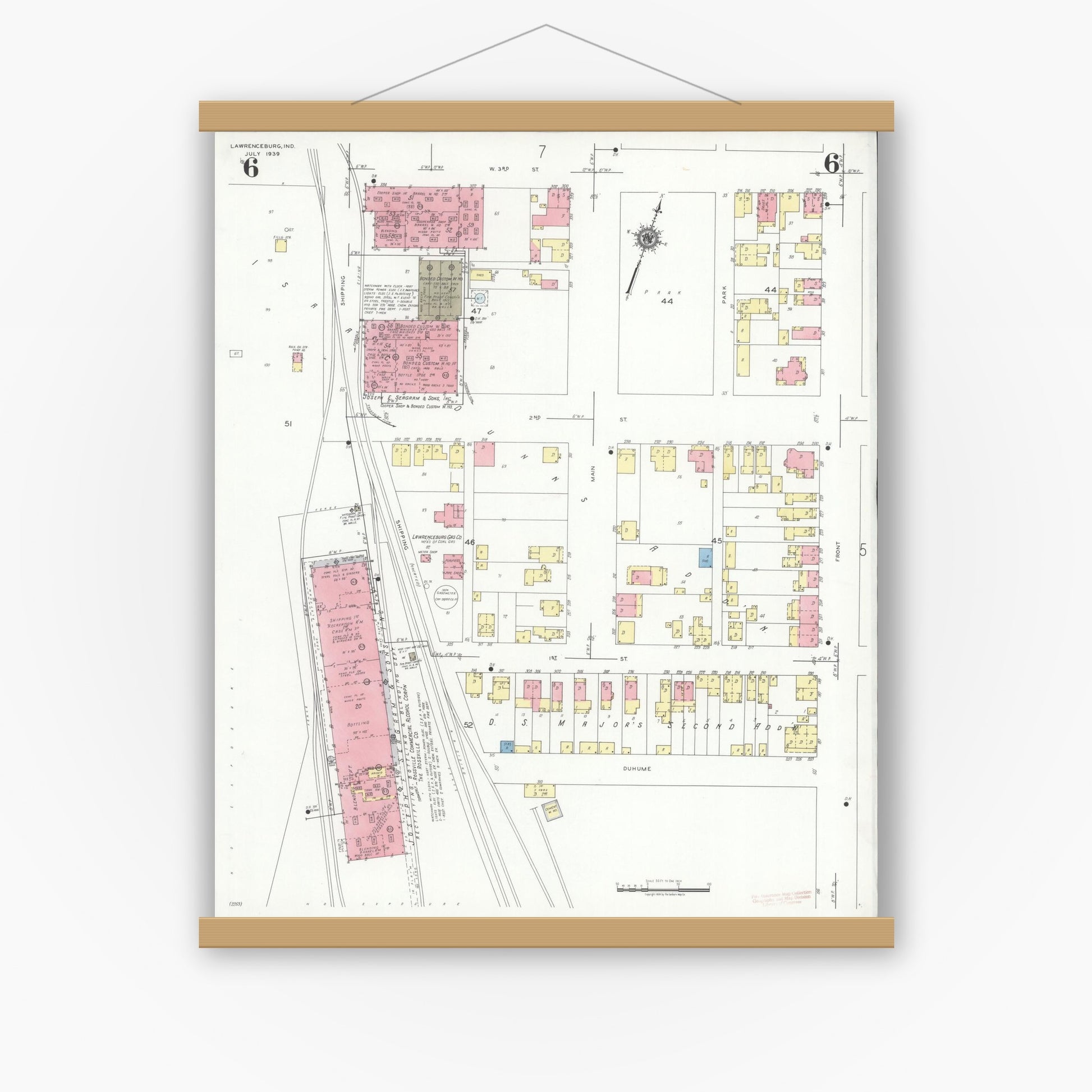 Old map wall art mockup — magnetic wood frame on white wall — Sanborn Fire Insurance Map from Lawrenceburg, Dearborn County, Indiana (1939), Sheet #0006