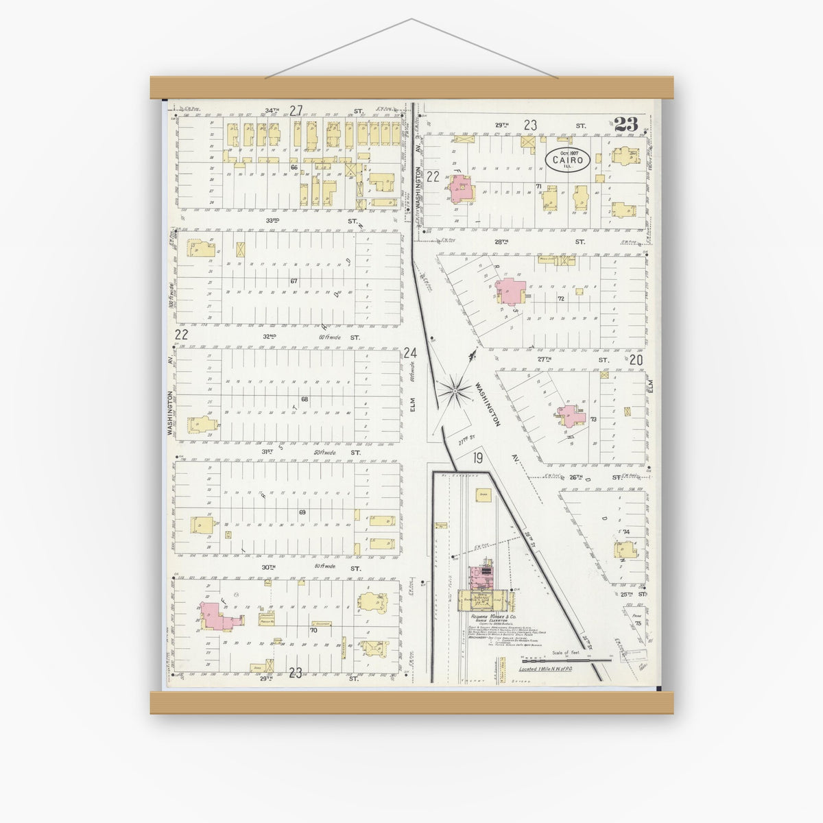 Old map wall art mockup — magnetic wood frame on white wall — Sanborn Fire Insurance Map from Cairo, Alexander County, Illinois (1907), Sheet #0023
