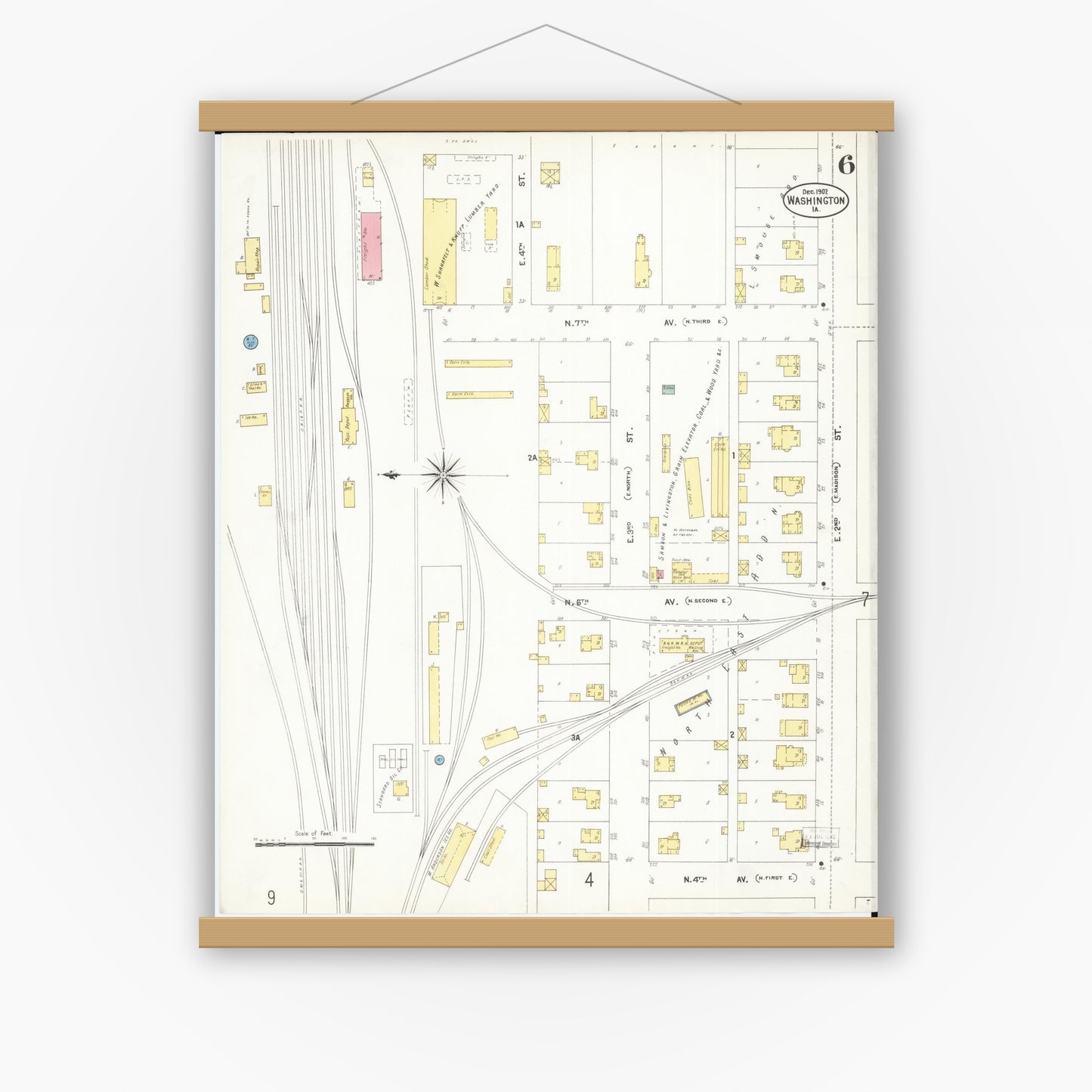 Old map wall art mockup — magnetic wood frame on white wall — Sanborn Fire Insurance Map from Washington, Washington County, Iowa (1902), Sheet #0006