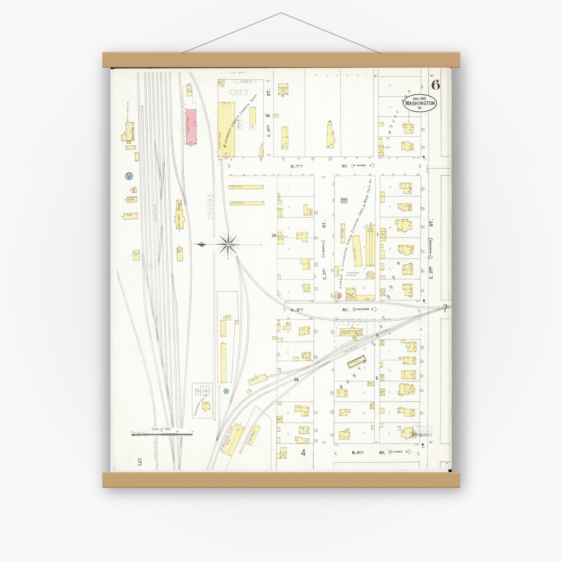 Old map wall art mockup — magnetic wood frame on white wall — Sanborn Fire Insurance Map from Washington, Washington County, Iowa (1902), Sheet #0006