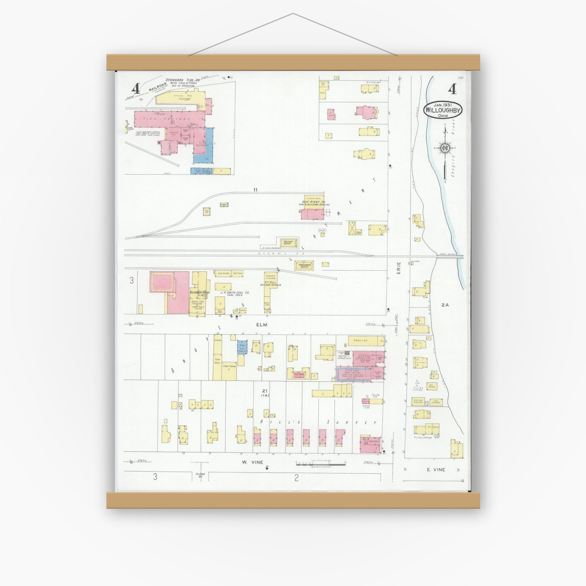 Old map wall art mockup — magnetic wood frame on white wall — Sanborn Fire Insurance Map from Willoughby, Lake County, Ohio (1931), Sheet #0004