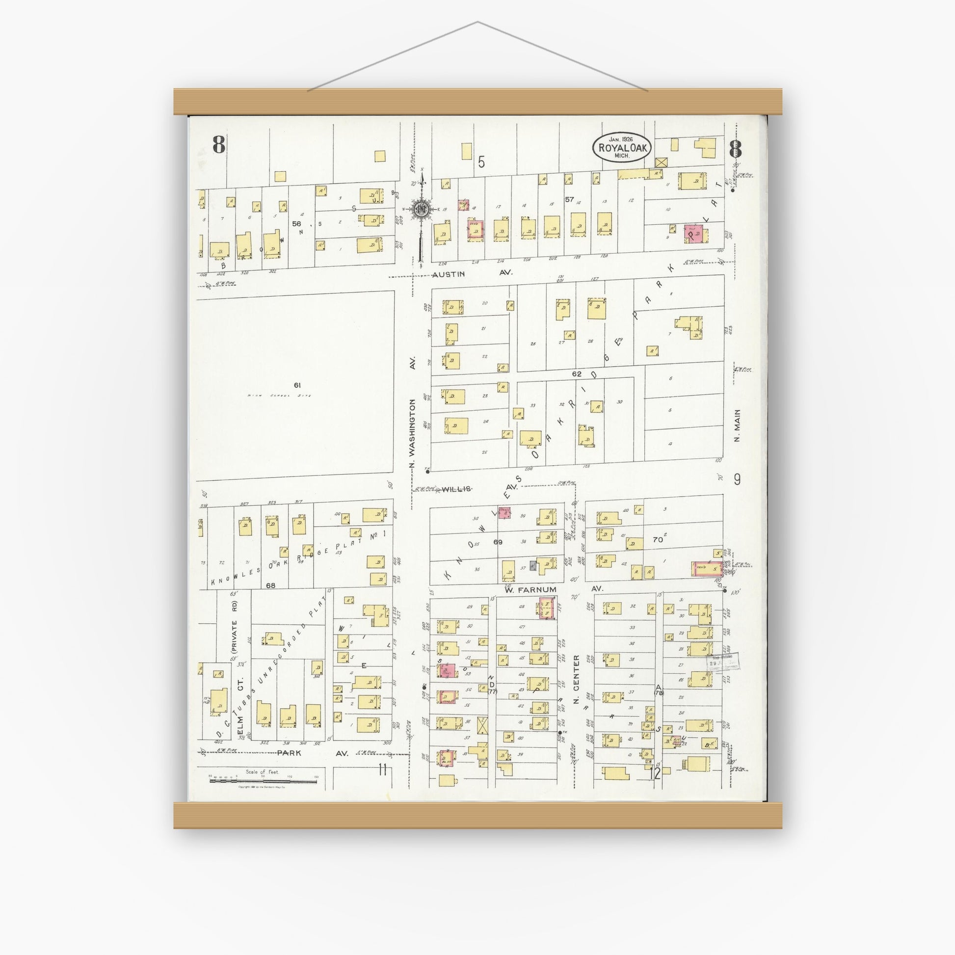 Old map wall art mockup — magnetic wood frame on white wall — Sanborn Fire Insurance Map from Royal Oak, Oakland County, Michigan (1926), Sheet #0008