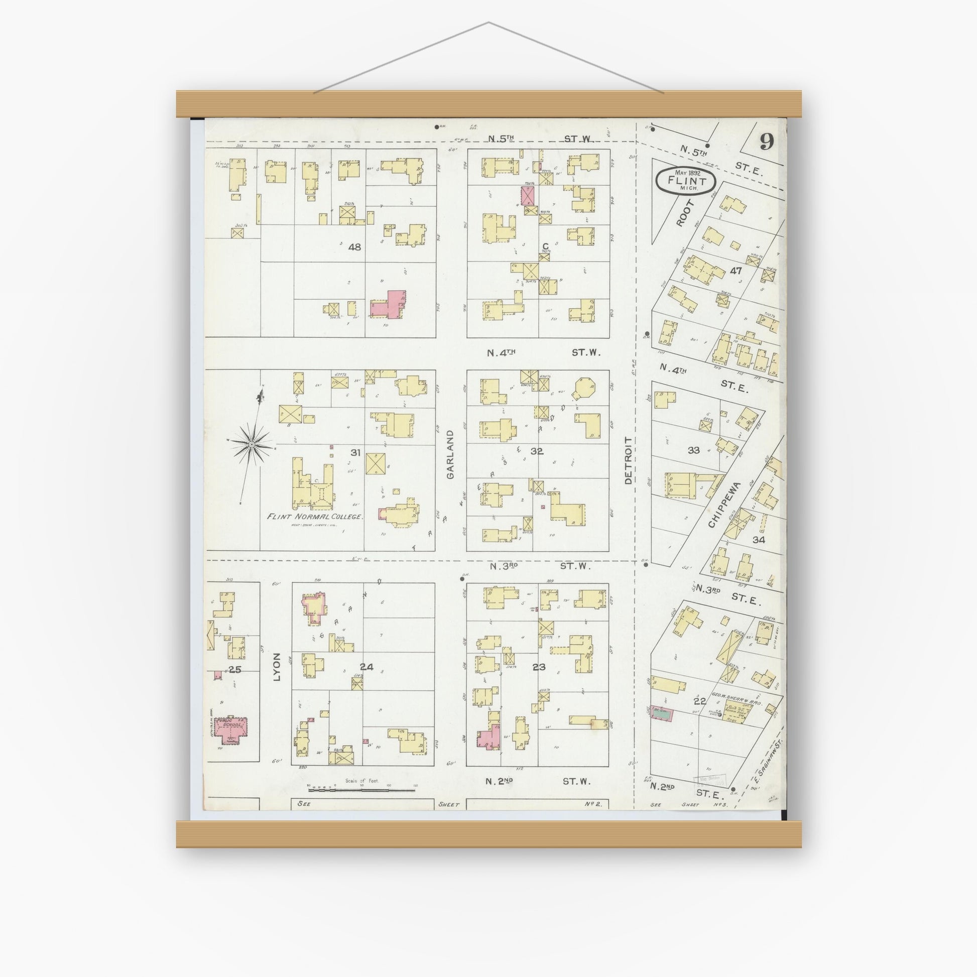 Old map wall art mockup — magnetic wood frame on white wall — Sanborn Fire Insurance Map from Flint, Genesee County, Michigan (1892), Sheet #0009
