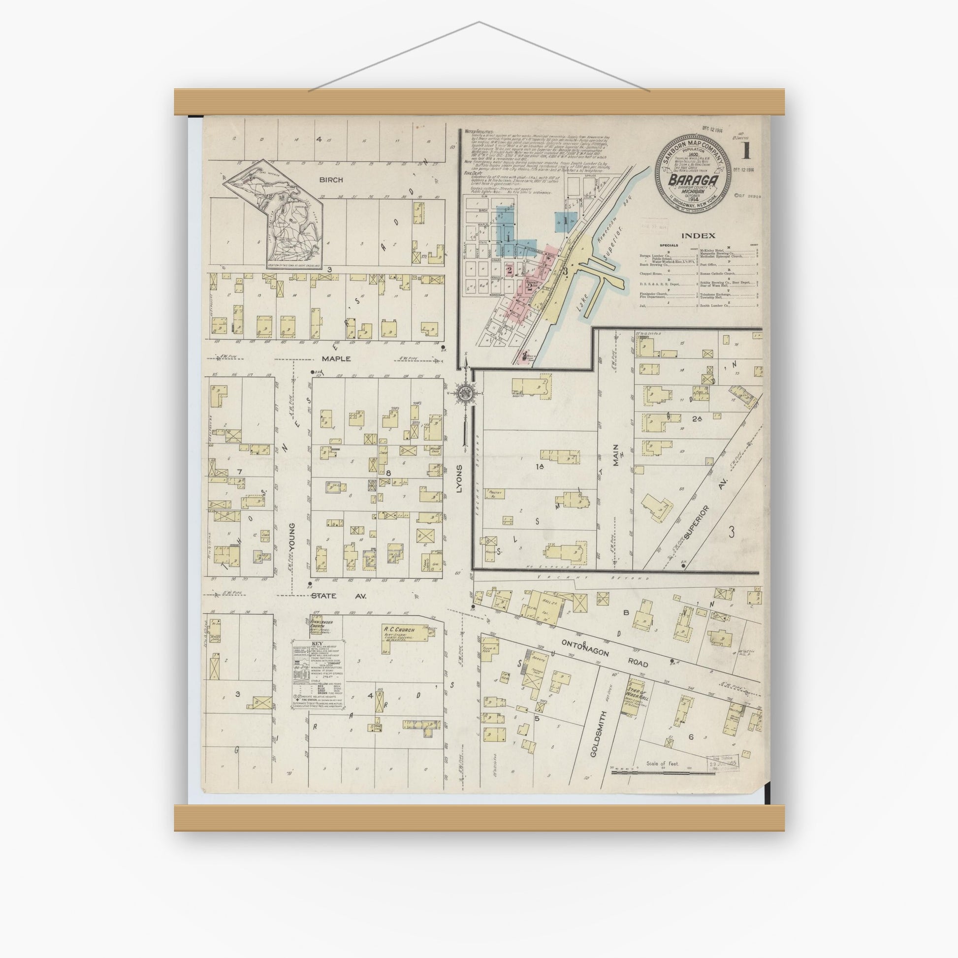 Old map wall art mockup — magnetic wood frame on white wall — Sanborn Fire Insurance Map from Baraga, Baraga County, Michigan (1914) - Complete Map Set