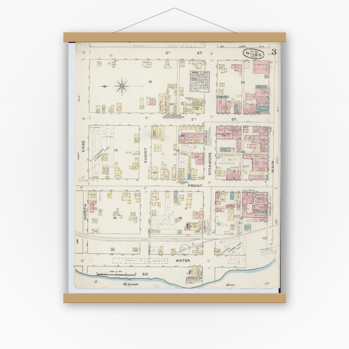 Old map wall art mockup — magnetic wood frame on white wall — Sanborn Fire Insurance Map from Niles, Berrien County, Michigan (1884), Sheet #0003
