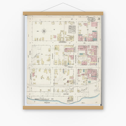 Old map wall art mockup — magnetic wood frame on white wall — Sanborn Fire Insurance Map from Niles, Berrien County, Michigan (1884), Sheet #0003