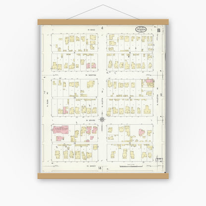 Old map wall art mockup — magnetic wood frame on white wall — Sanborn Fire Insurance Map from Denison, Grayson County, Texas (1914), Sheet #0008