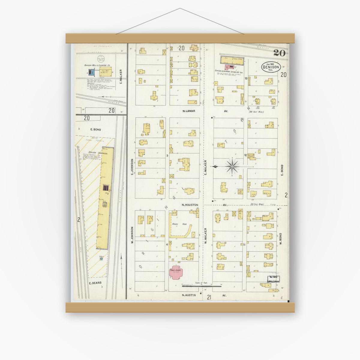 Old map wall art mockup — magnetic wood frame on white wall — Sanborn Fire Insurance Map from Denison, Grayson County, Texas (1903), Sheet #0020