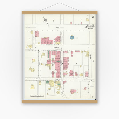 Old map wall art mockup — magnetic wood frame on white wall — Sanborn Fire Insurance Map from Morganton, Burke County, North Carolina (1910), Sheet #0002