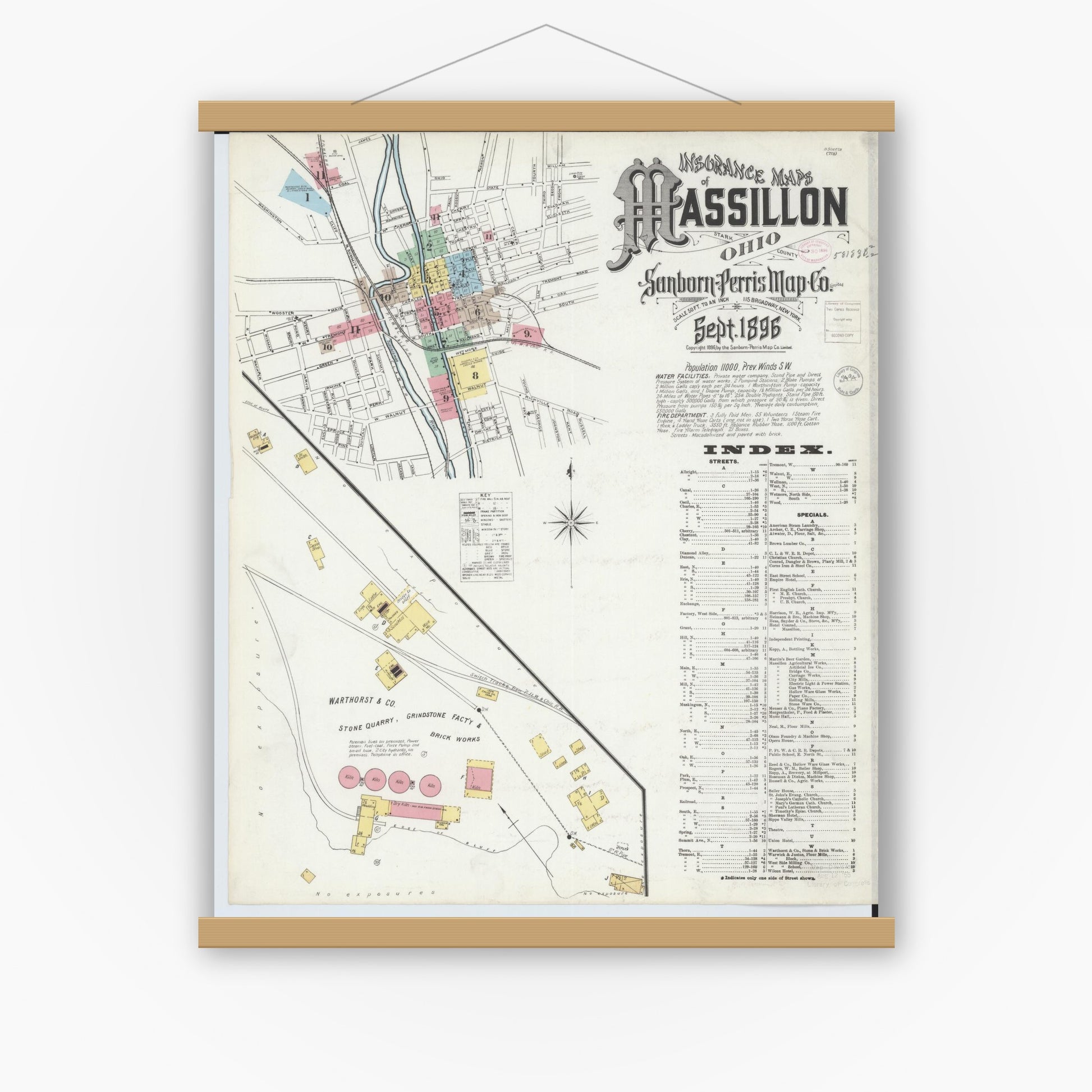 Old map wall art mockup — magnetic wood frame on white wall — Sanborn Fire Insurance Map from Massillon, Stark County, Ohio (1896), Sheet #0001