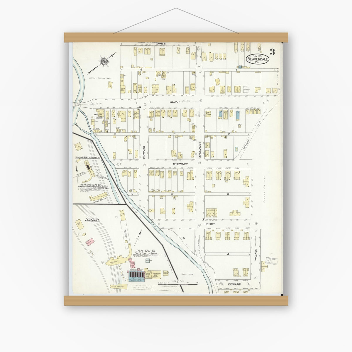 Old map wall art mockup — magnetic wood frame on white wall — Sanborn Fire Insurance Map from Beaverdale, Cambria County, Pennsylvania (1914), Sheet #0003