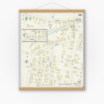 Old map wall art mockup — magnetic wood frame on white wall — Sanborn Fire Insurance Map from Malden, Middlesex County, Massachusetts (1897), Sheet #0025