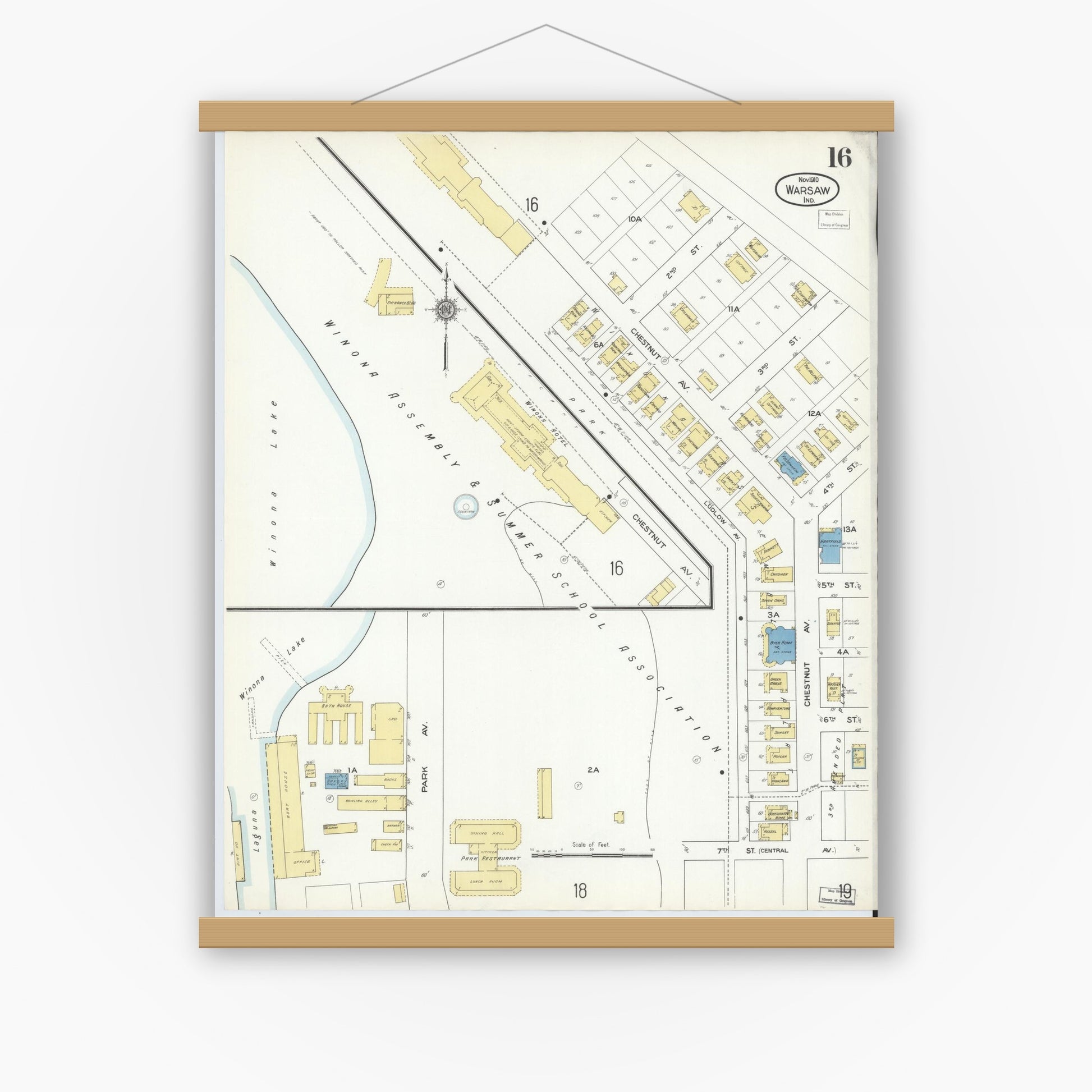 Old map wall art mockup — magnetic wood frame on white wall — Sanborn Fire Insurance Map from Warsaw, Kosciusko County, Indiana (1910), Sheet #0016