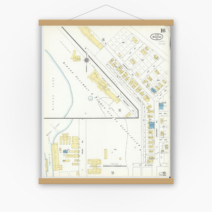 Old map wall art mockup — magnetic wood frame on white wall — Sanborn Fire Insurance Map from Warsaw, Kosciusko County, Indiana (1910), Sheet #0016