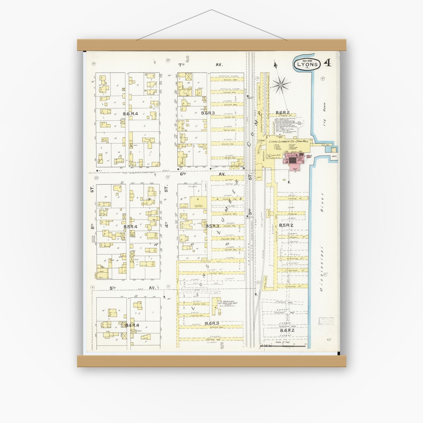 Old map wall art mockup — magnetic wood frame on white wall — Sanborn Fire Insurance Map from Lyons, Clinton County, Iowa (1892), Sheet #0004