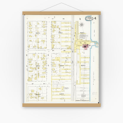 Old map wall art mockup — magnetic wood frame on white wall — Sanborn Fire Insurance Map from Lyons, Clinton County, Iowa (1892), Sheet #0004