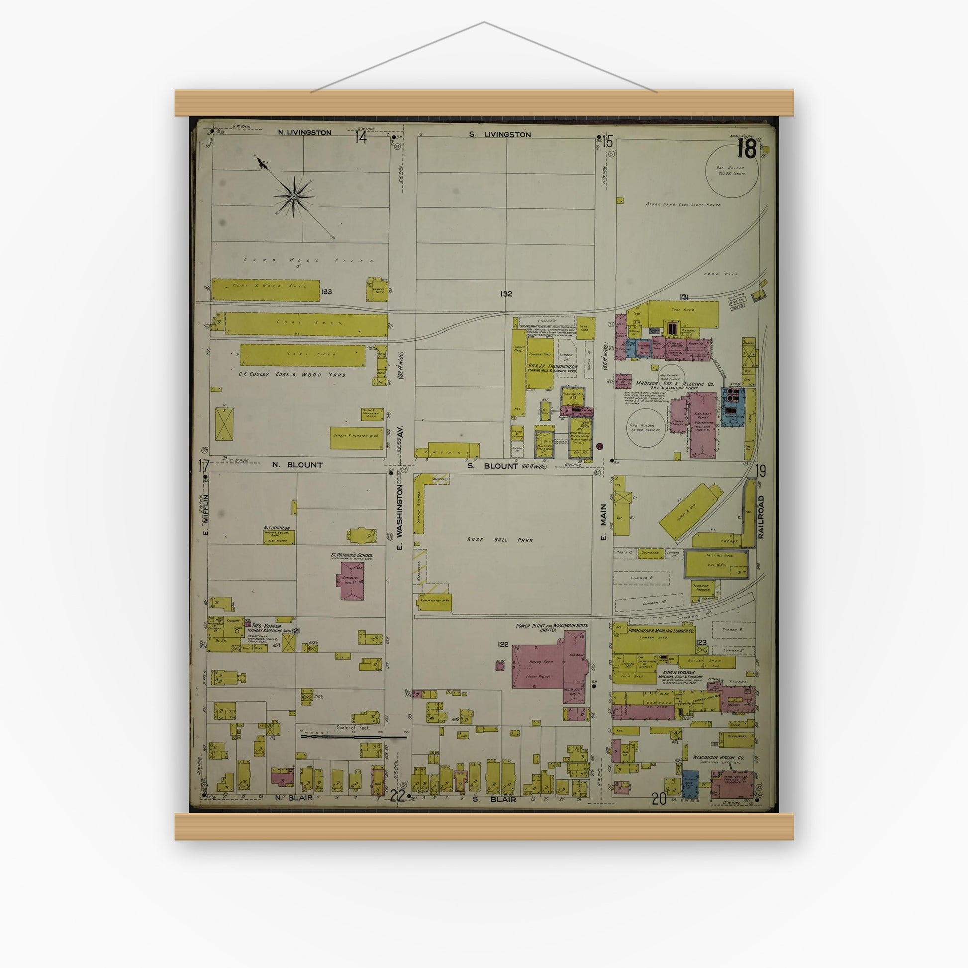 Old map wall art mockup — magnetic wood frame on white wall — Sanborn Fire Insurance Map from Madison, Dane County, Wisconsin (1908), Sheet #0018