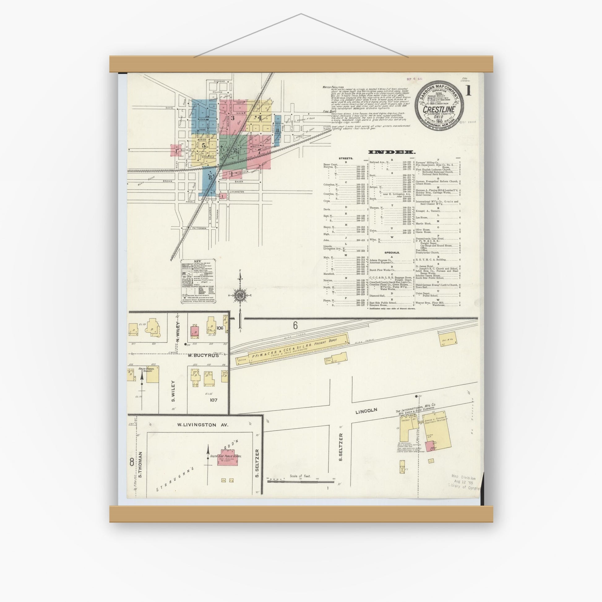 Old map wall art mockup — magnetic wood frame on white wall — Sanborn Fire Insurance Map from Crestline, Crawford County, Ohio (1910), Sheet #0001