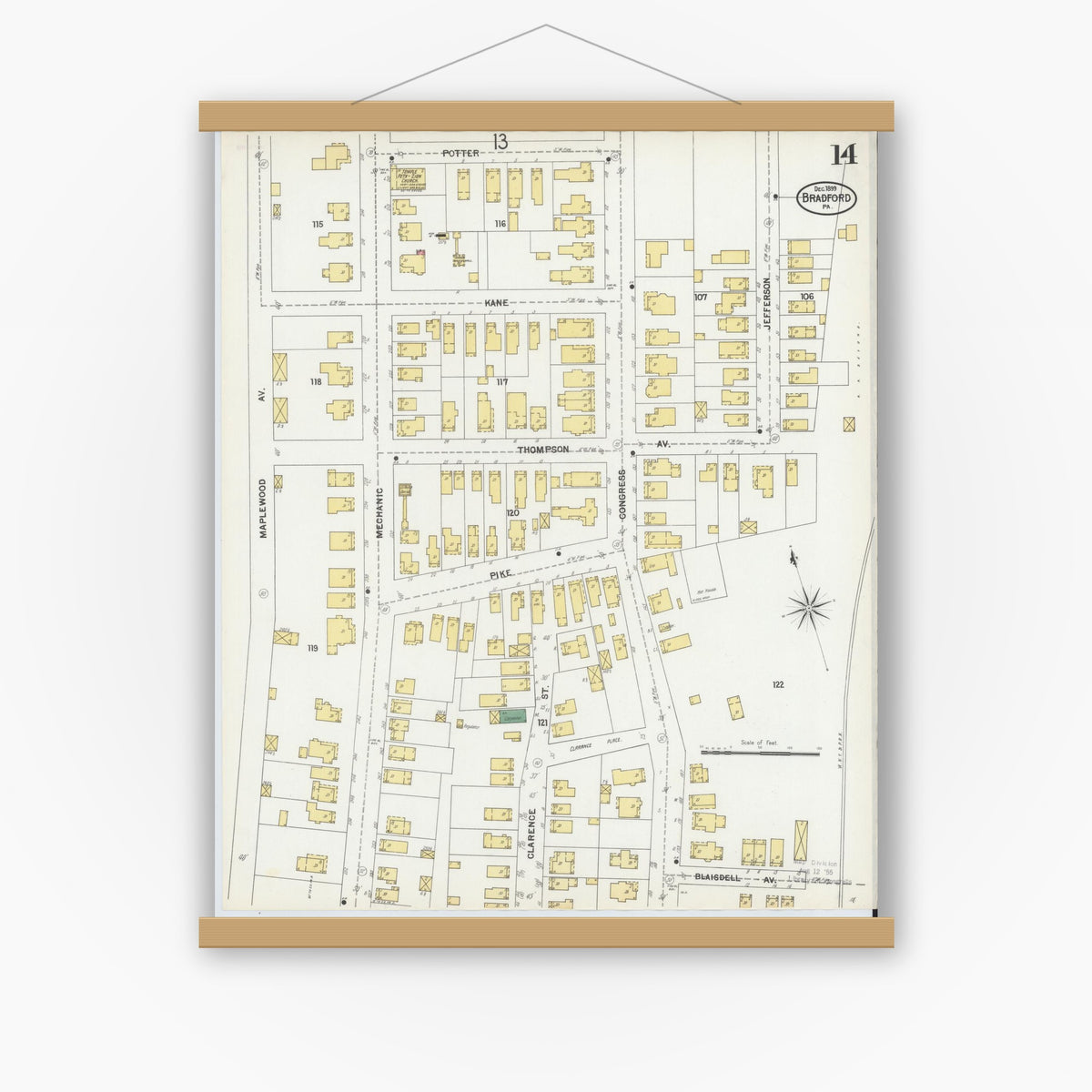 Old map wall art mockup — magnetic wood frame on white wall — Sanborn Fire Insurance Map from Bradford, McKean County, Pennsylvania (1899), Sheet #0014