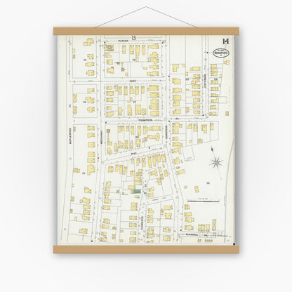 Old map wall art mockup — magnetic wood frame on white wall — Sanborn Fire Insurance Map from Bradford, McKean County, Pennsylvania (1899), Sheet #0014