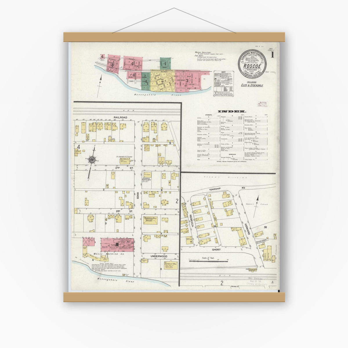 Old map wall art mockup — magnetic wood frame on white wall — Sanborn Fire Insurance Map from Roscoe, Washington County, Pennsylvania (1911) - Complete Map Set