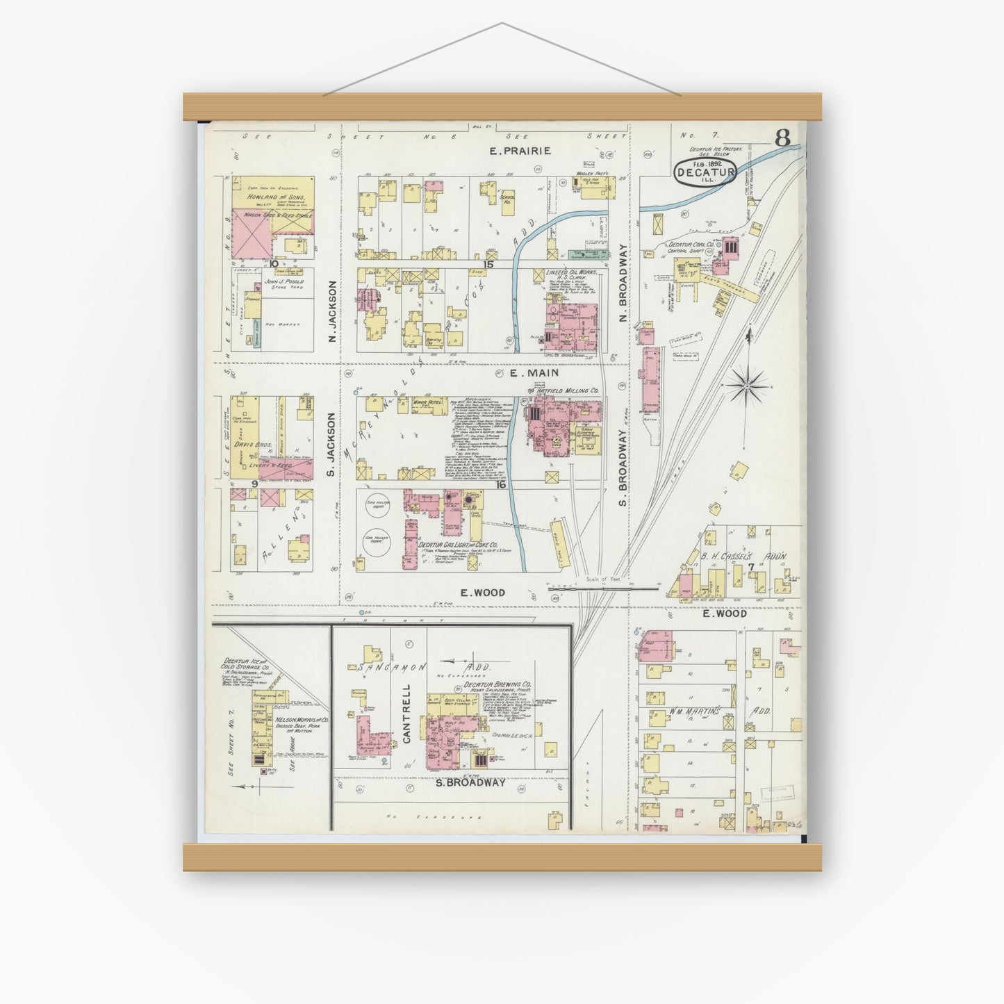 Old map wall art mockup — magnetic wood frame on white wall — Sanborn Fire Insurance Map from Decatur, Macon County, Illinois (1892), Sheet #0008