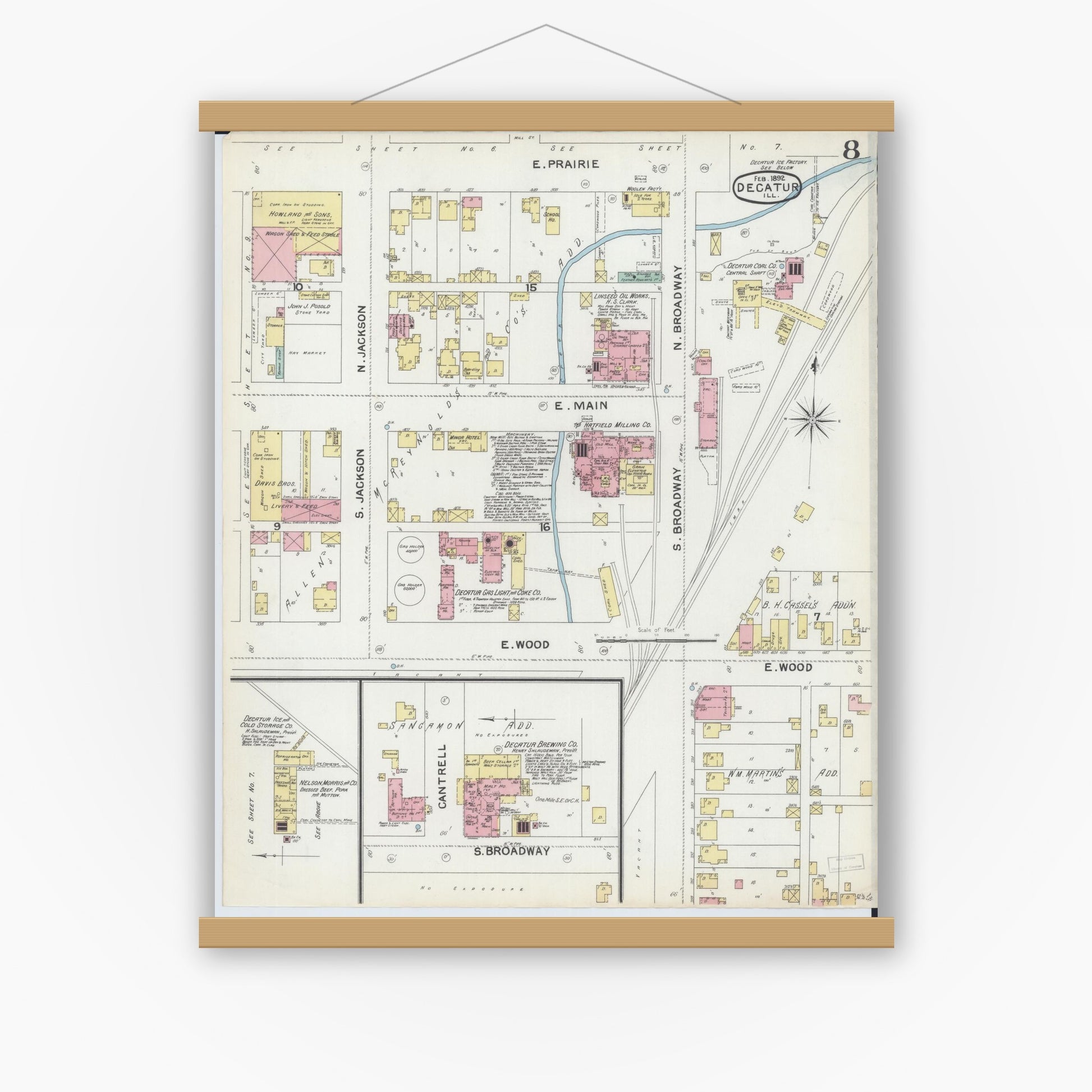 Old map wall art mockup — magnetic wood frame on white wall — Sanborn Fire Insurance Map from Decatur, Macon County, Illinois (1892), Sheet #0008