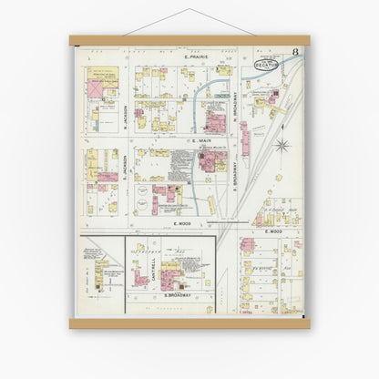 Old map wall art mockup — magnetic wood frame on white wall — Sanborn Fire Insurance Map from Decatur, Macon County, Illinois (1892), Sheet #0008