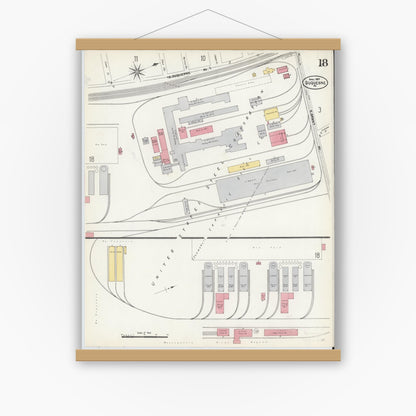 Old map wall art mockup — magnetic wood frame on white wall — Sanborn Fire Insurance Map from Duquesne, Allegheny County, Pennsylvania (1907), Sheet #0018