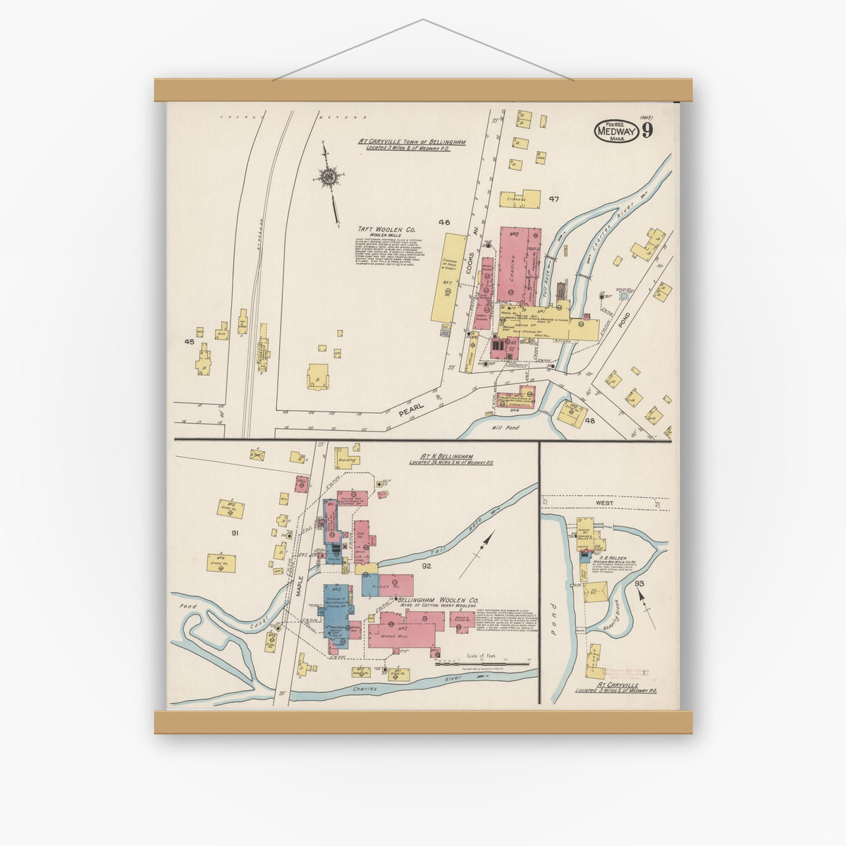 Old map wall art mockup — magnetic wood frame on white wall — Sanborn Fire Insurance Map from Medway, Norfolk County, Massachusetts (1922), Sheet #0009