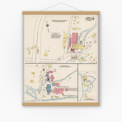 Old map wall art mockup — magnetic wood frame on white wall — Sanborn Fire Insurance Map from Medway, Norfolk County, Massachusetts (1922), Sheet #0009