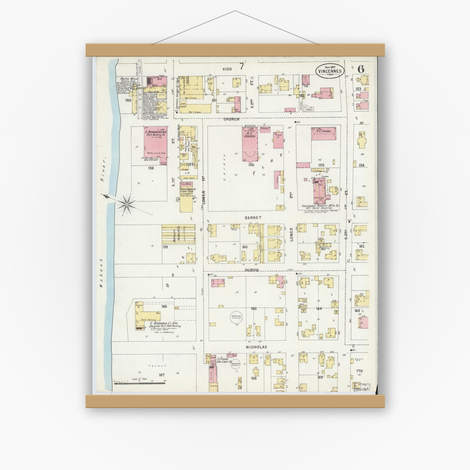 Old map wall art mockup — magnetic wood frame on white wall — Sanborn Fire Insurance Map from Vincennes, Knox County, Indiana (1897), Sheet #0006