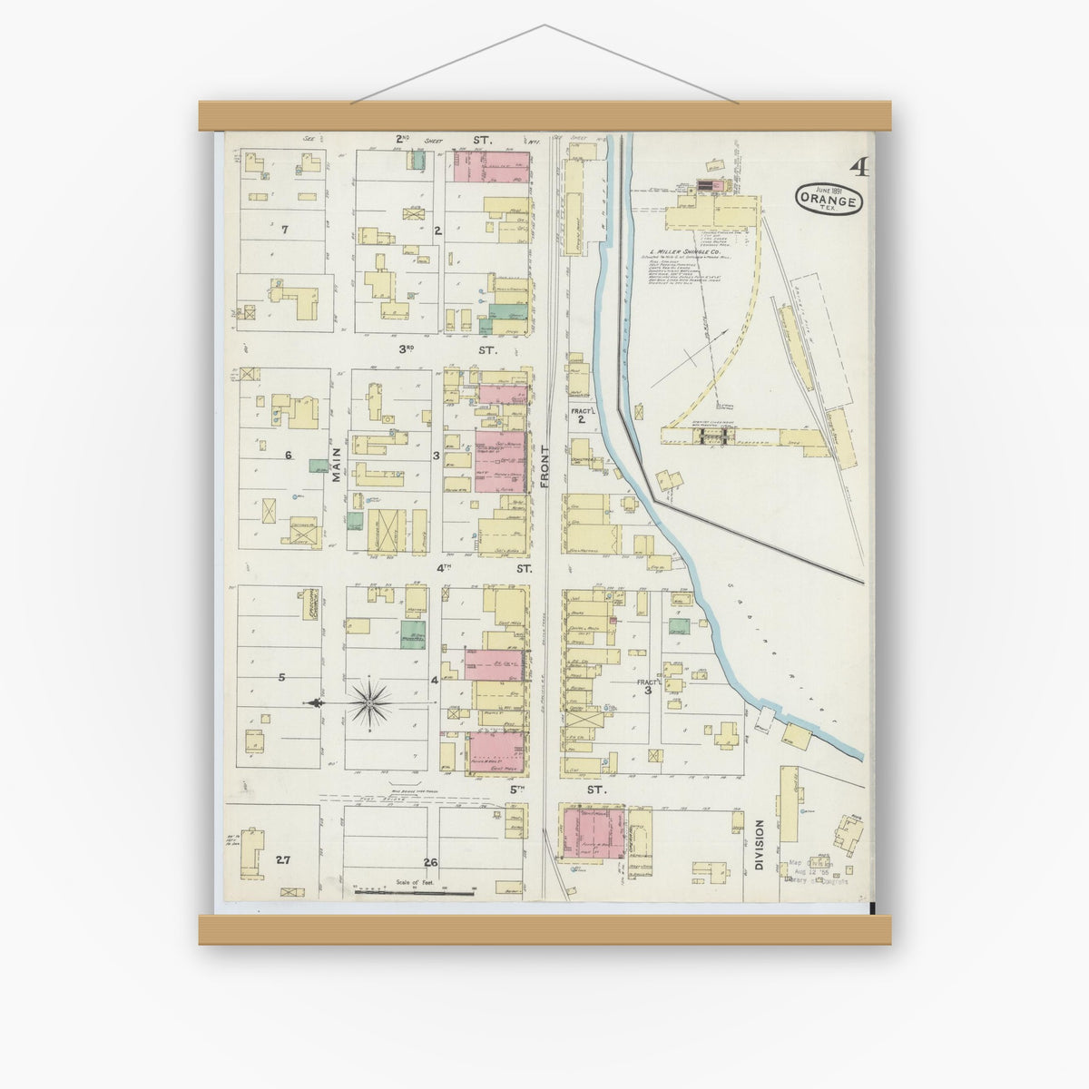 Old map wall art mockup — magnetic wood frame on white wall — Sanborn Fire Insurance Map from Orange, Orange County, Texas (1891), Sheet #0004