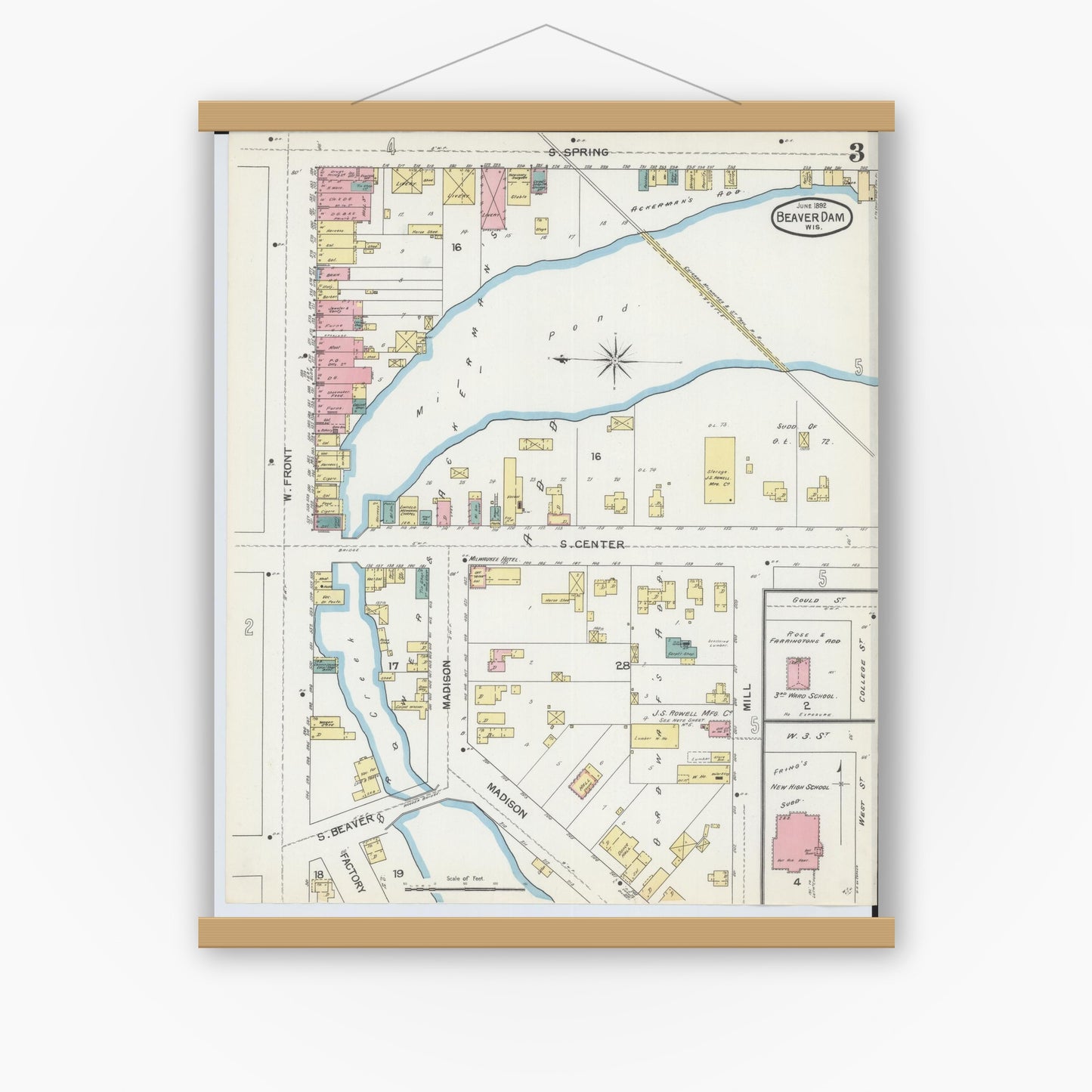 Old map wall art mockup — magnetic wood frame on white wall — Sanborn Fire Insurance Map from Beaver Dam, Dodge County, Wisconsin (1892), Sheet #0003