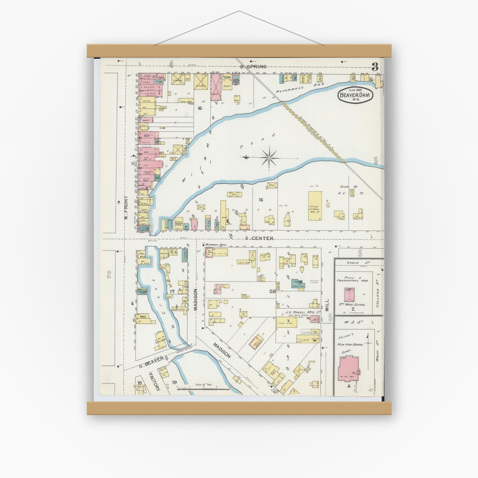 Old map wall art mockup — magnetic wood frame on white wall — Sanborn Fire Insurance Map from Beaver Dam, Dodge County, Wisconsin (1892), Sheet #0003
