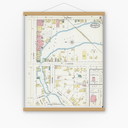 Old map wall art mockup — magnetic wood frame on white wall — Sanborn Fire Insurance Map from Beaver Dam, Dodge County, Wisconsin (1892), Sheet #0003