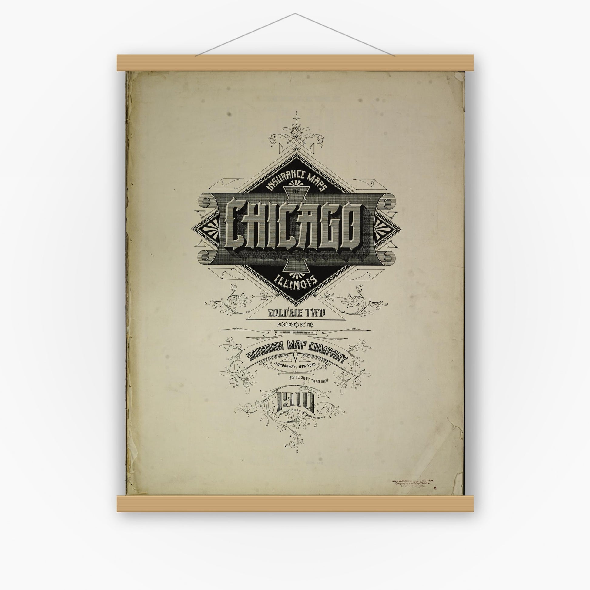 Old map wall art mockup — magnetic wood frame on white wall — Sanborn Fire Insurance Map from Chicago, Cook County, Illinois (1910), Sheet #0001