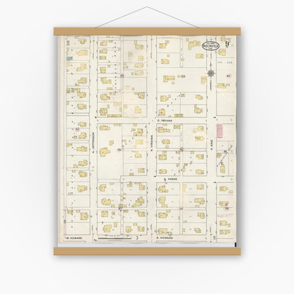 Old map wall art mockup — magnetic wood frame on white wall — Sanborn Fire Insurance Map from Rockville, Parke County, Indiana (1932), Sheet #0009