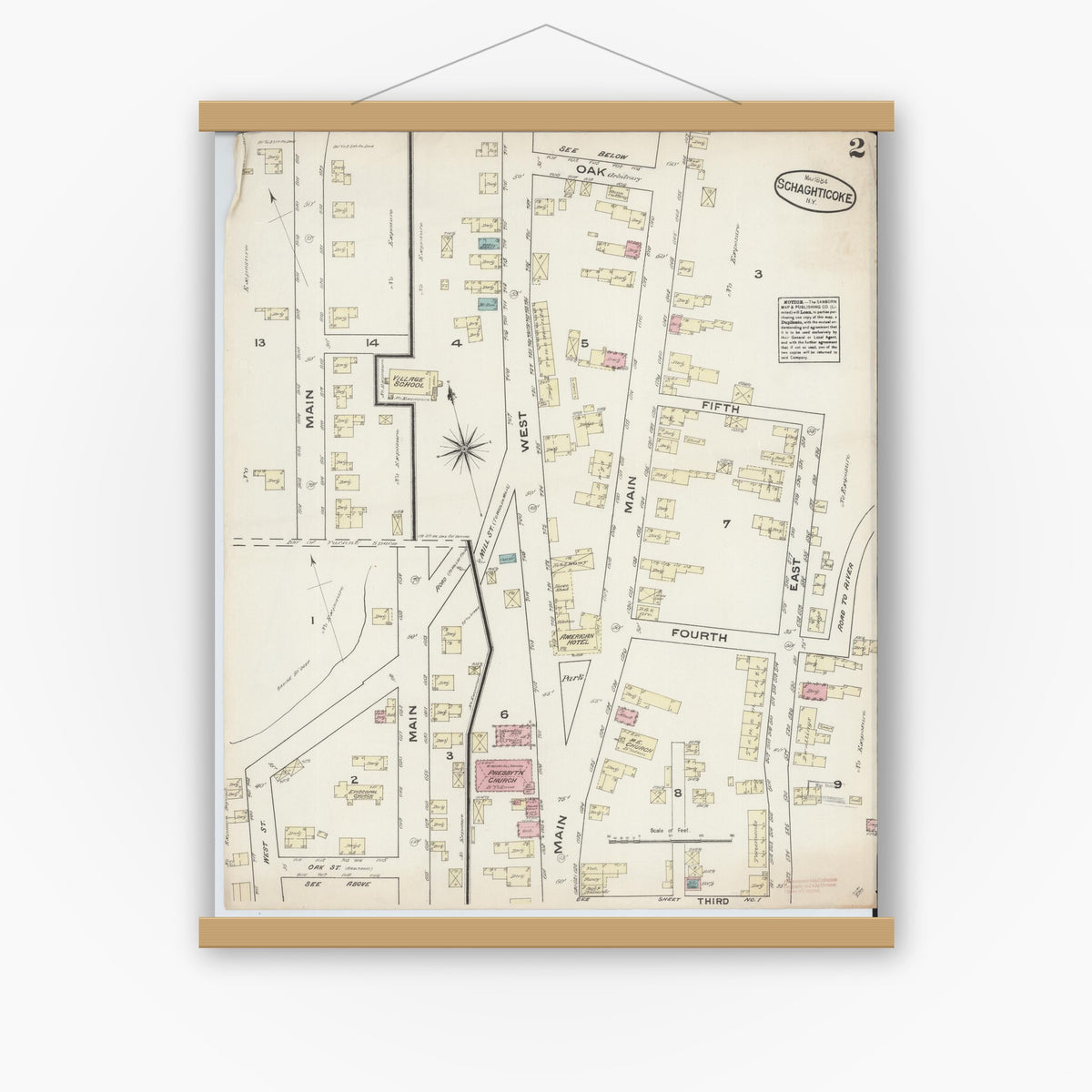 Old map wall art mockup — magnetic wood frame on white wall — Sanborn Fire Insurance Map from Schaghticoke, Rensselaer County, New York (1884), Sheet #0002