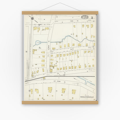 Old map wall art mockup — magnetic wood frame on white wall — Sanborn Fire Insurance Map from Bay Shore, Suffolk County, New York (1915) - Complete Map Set